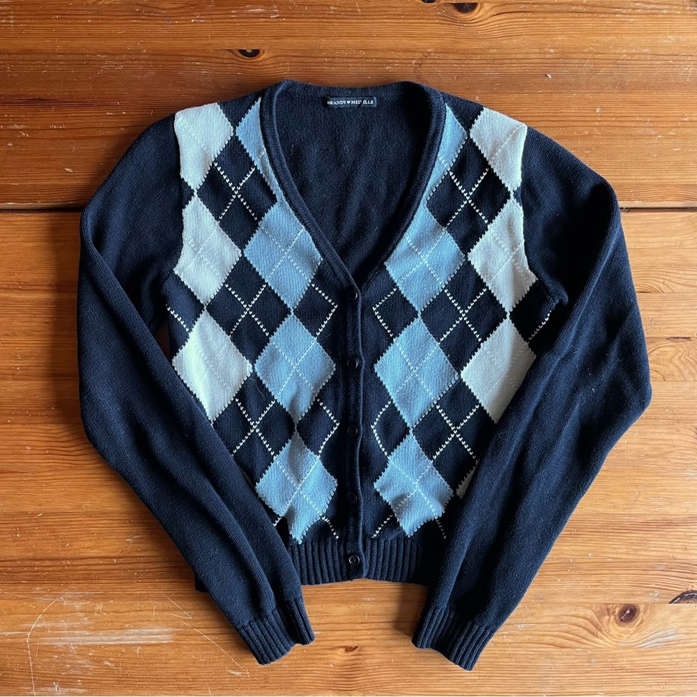 Brandy Melville Argyle Preppy Cardigan Navy and White Cotton Sweater